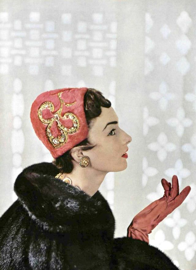 Victoria von Hagen in red embroidered cap by Gilbert Orcel, mink coat by Fourrures Max, L'Officiel, 1953