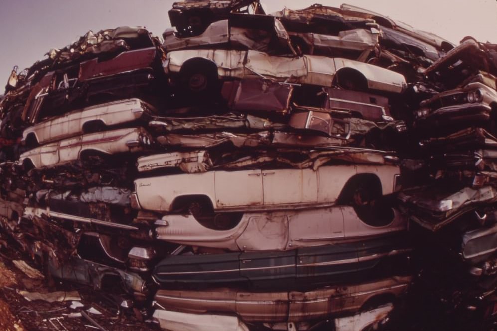 Stacked Cars In City Junkyard Will Be Used For Scrap, August 1973