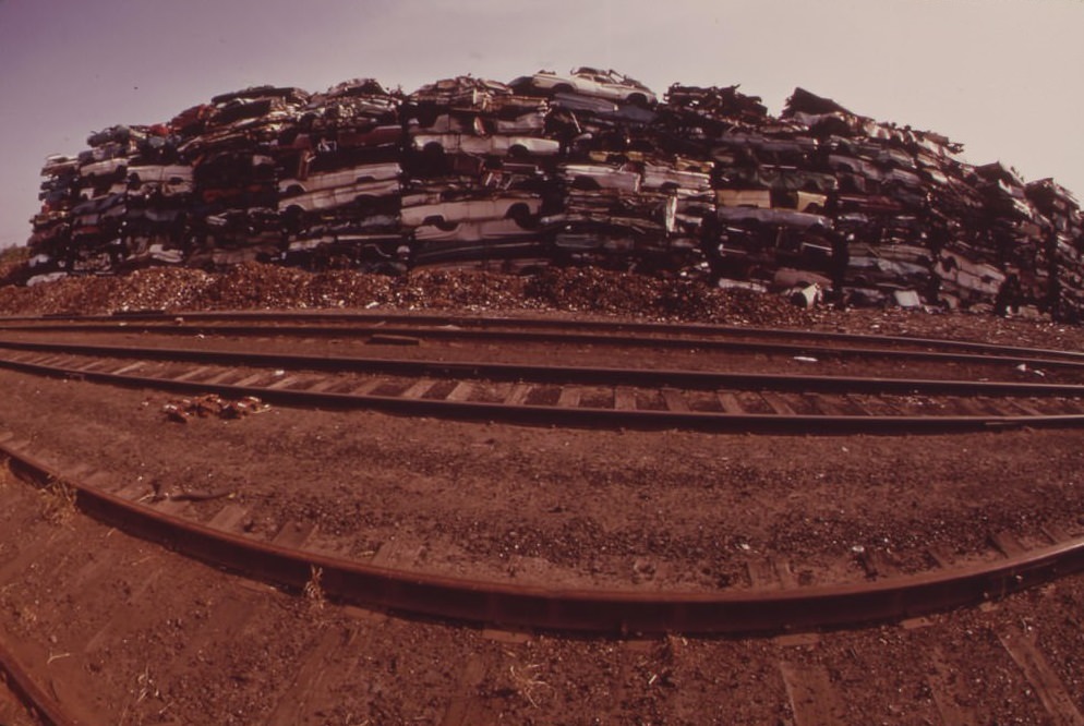 North Philadelphia Junkyard Stacked With Cars For Scrap Metal, August 1973