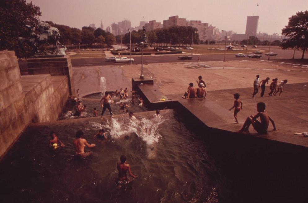 The Art Of Cooling Off Is Enthusiastically Pursued In The Fountains Of The Philadelphia Museum Of Art, August 1973