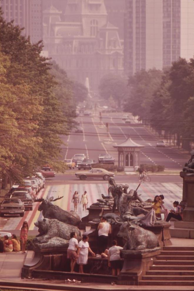 From The Steps Of The Philadelphia Museum Of Art - Looking Down Benjamin Franklin Parkway Toward City Hall And Center City, August 1973