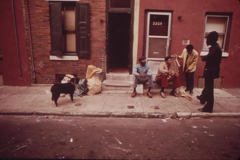 North Philadelphia Jobless Blacks. Man Standing At Right Is Gerald "Heat Wave" Jones, Who Works For "the Network", August 1973