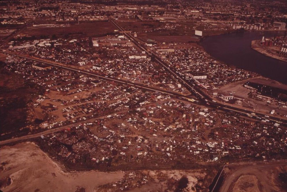 Auto Junkyards Off Network Of Roads In Southwest Philadelphia, August 1973