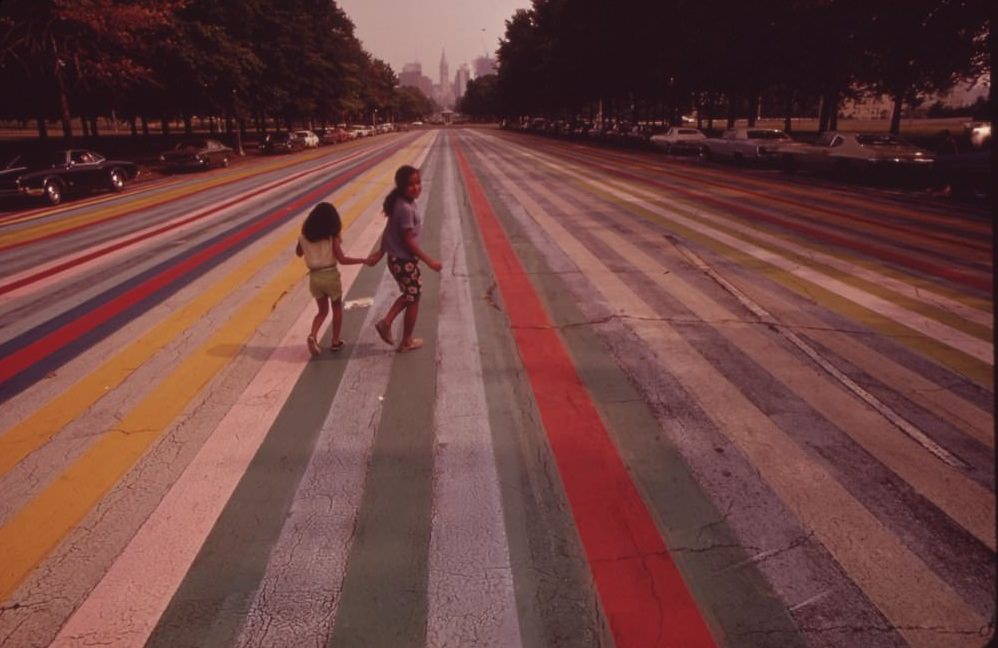 Crossing The Painted Road Which Extends East From The Philadelphia Museum Of Art, August 1973