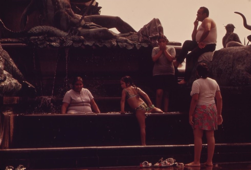 Fountains Surrounding Philadelphia Museum Of Art Are Especially Popular In A Heat Wave, August 1973