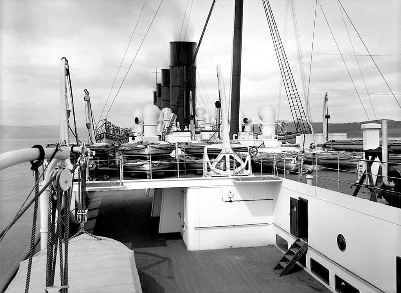 2nd Class open deck space has been sacrificed in order to carry additional collapsible lifeboats, circa 1914