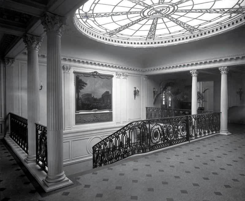 Grand Staircase aboard the Aquitania. The decoration of the Grand Staircase was carried out by Marcel Boulanger, Paris, April 1914