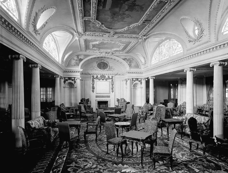 Aquitania's 1st Class Lounge, prior to the liner entering service. This was also called the Palladian Lounge, and was located on the Promenade Deck (A Deck), April 1914