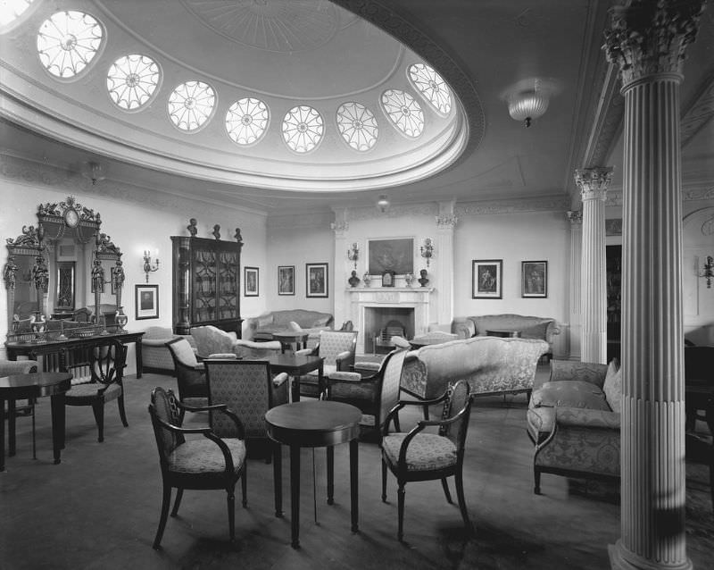 1st Class Drawing Room aboard Aquitania. The Drawing Room was also called the Adam Drawing Room, and was located on the Promenade Deck. This view is of the library section, looking forward, April 1914