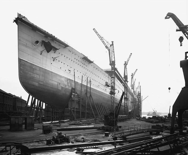 The passenger liner Aquitania under construction by John Brown & Co Ltd. at Clydebank. A general view along the port side of the ship, 1913
