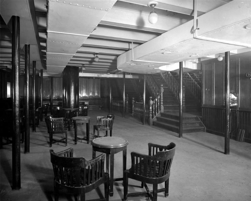 Interior of Aquitania showing the 3rd Class General Room (or Non Smoking Compartment), on the Upper Deck (D Deck), a view of the port side, looking forward, April 1914