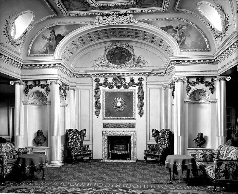 Aquitania's 1st Class Lounge (fireplace detail). Aquitania's Palladian Lounge is often described as the most beautiful room ever put to sea, May 1914