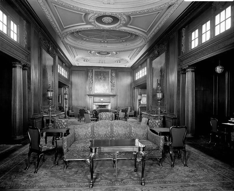 1st Class Smoking Room aboard Aquitania, also called the Carolean Smoking Room, and located on the Promenade Deck (A Deck), May 1914