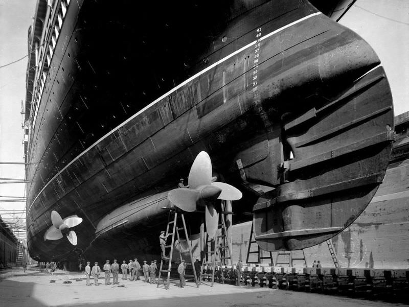 Portside view of Aquitania in Gladstone Graving Dock, Liverpool, in preparation for her maiden voyage across the Atlantic, May 1914