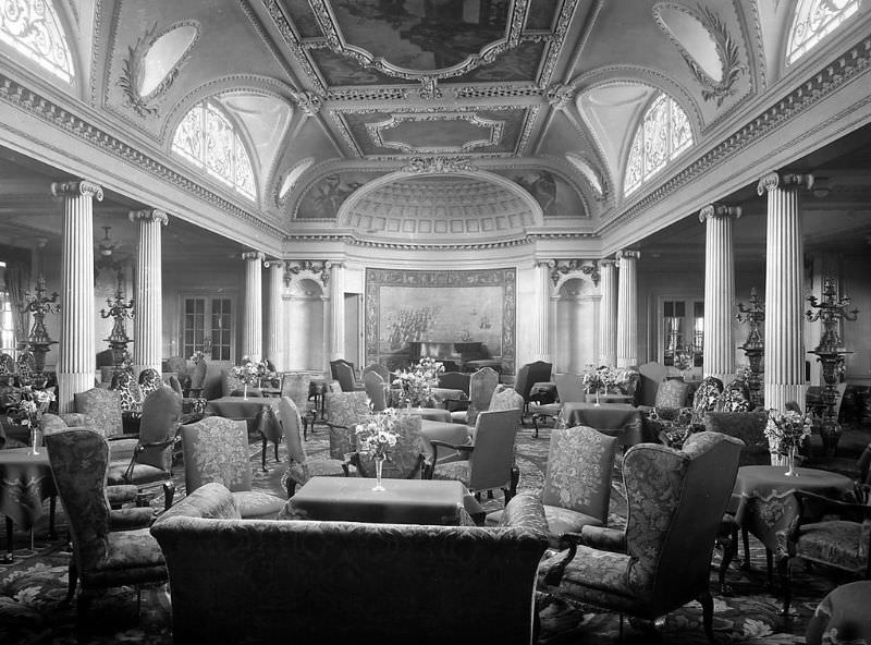 Adorned with fresh flowers and ready for her first passengers; Aquitania's 1st Class Lounge, May 30, 1914