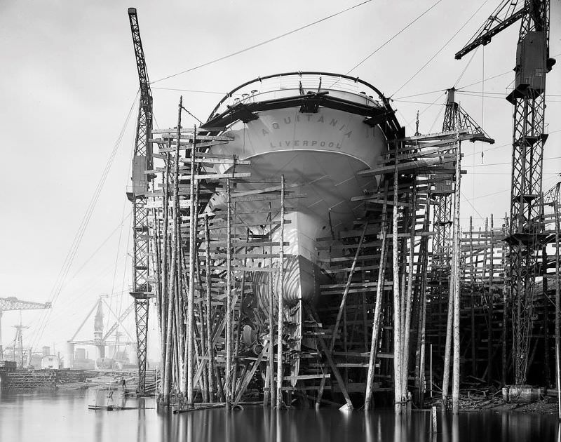 Cunard's Aquitania on the stocks at John Brown & Company of Clydebank; the same Scottish yard that would later build the Queen Mary, Queen Elizabeth and Queen Elizabeth 2, circa 1913