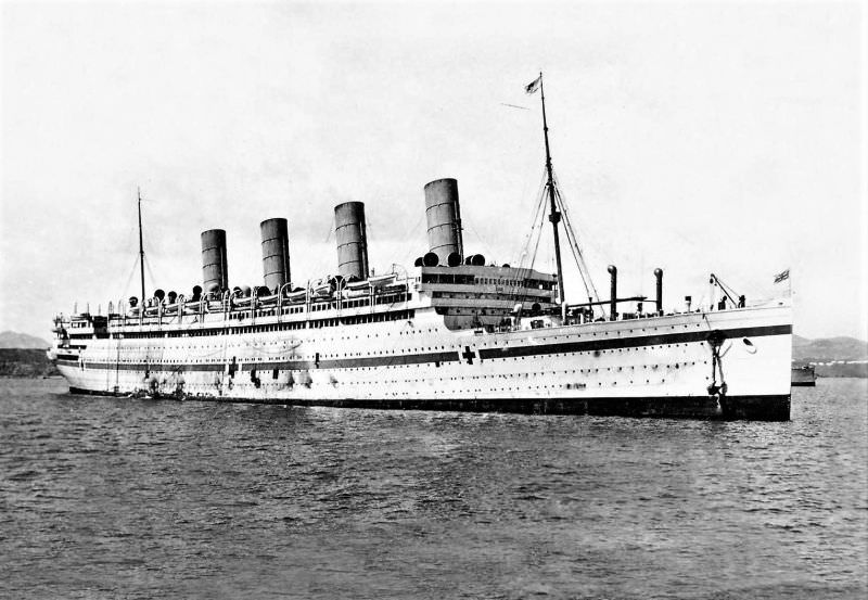 Aquitania as a hospital ship, off the Greek island of Lemnos, October 2, 1915. After her maiden voyage to New York in May of 1914, Aquitania's commercial life was brief.