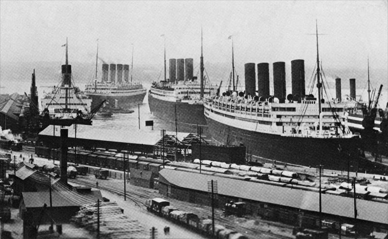 Aquitania returned to commercial service in August 1920. She is seen here at Southampton. Behind her are (from left) Majestic, O lympic and Berengaria