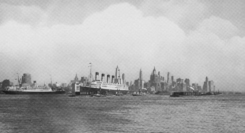 Two Cunarders at New York- the inbound Aquitania passes the outbound Franconia (also built at John Brown & Company) on June 24, 1932