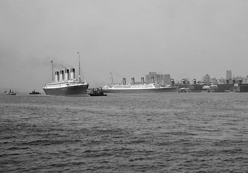 Four legendary Atlantic liners at New York on August 8, 1934.