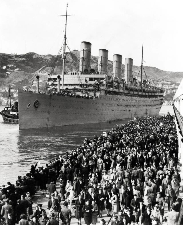 The troop-carrying Aquitania at Wellington, New Zealand during WWII, circa 1943