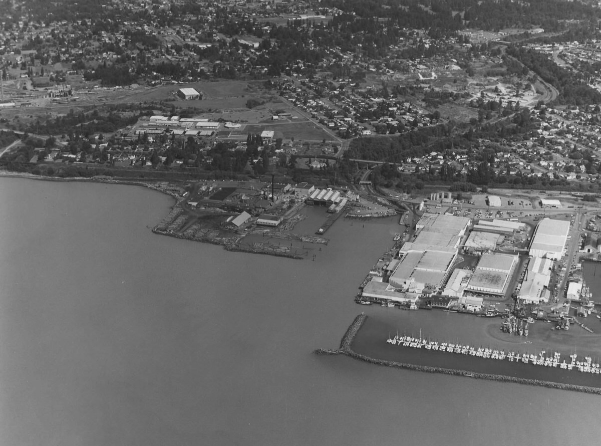 Aerial view of Bellingham and Businesses, 1981