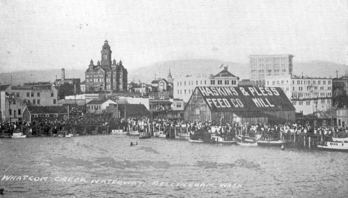 View across Whatcom creek waterway, 1920s