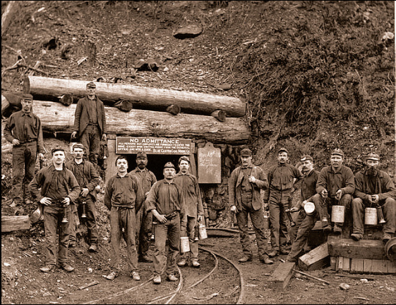 Miners posing at entrance of blue canyon mine, 1891