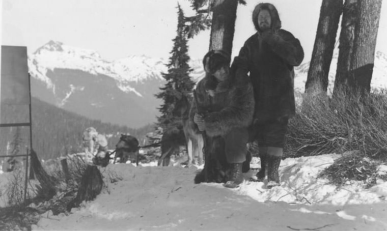 Clark Gable, Jack Oakie, during filming of “call of the wild” near mount baker, 1935