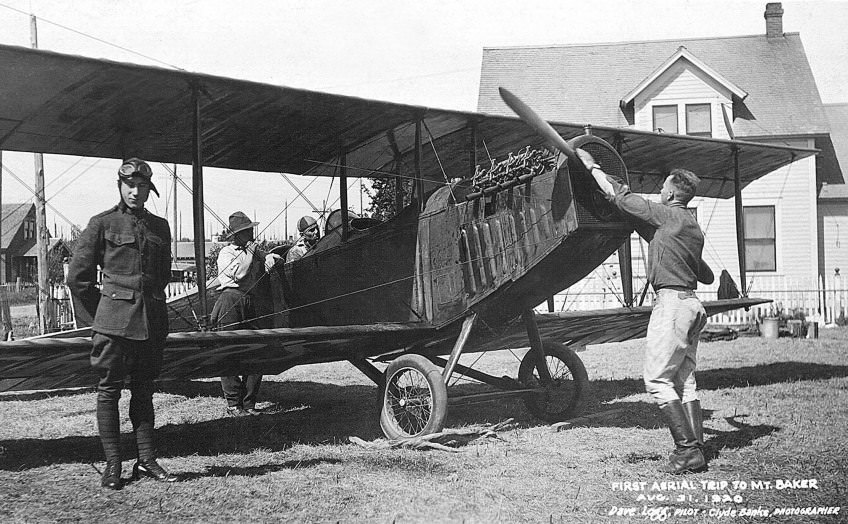 Clyde banks, preparing to take the first aerial photos of mt. Baker, 1920