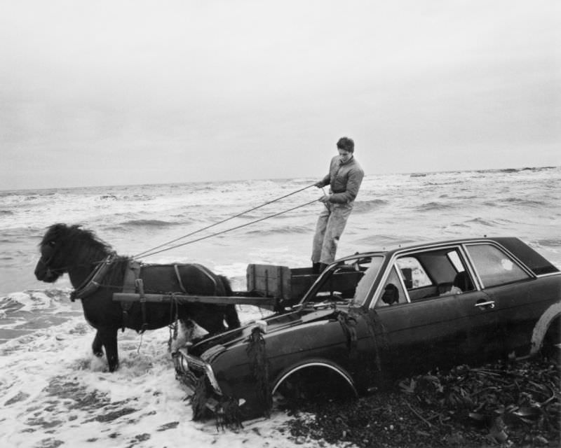 A car dumped on the beach has to be outmanoeuvred by the Seacoalers, Lynemouth, Northumberland, UK, 1982