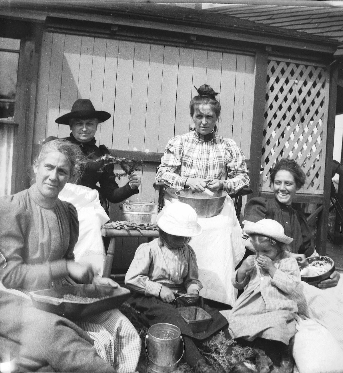 Working bee at Lake City circa 1899. Lake City was located at Megunticook Lake in Camden.