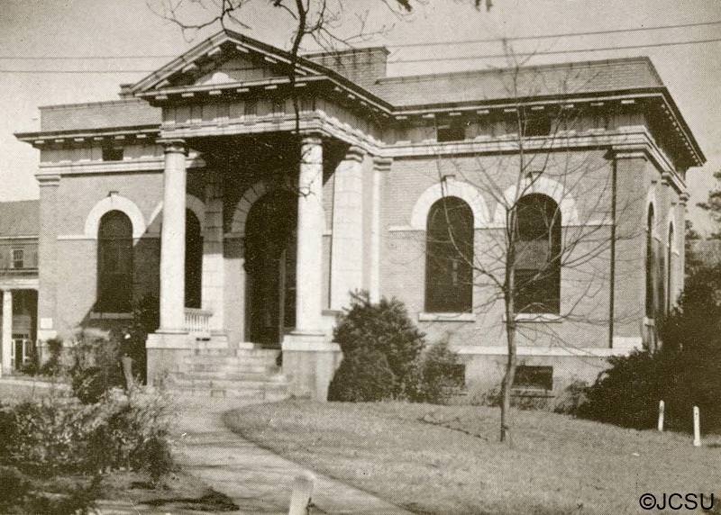 Carnegie library mounted on plain paper, handwritten caption reads "Carnegie Library", 1920s