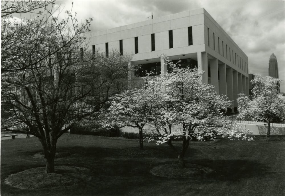 Library (LRC) and the cherry blossoms, 1970s