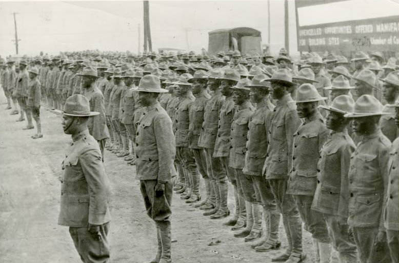 Johnson C. Smith University ROTC members in uniform lined up, 1940s