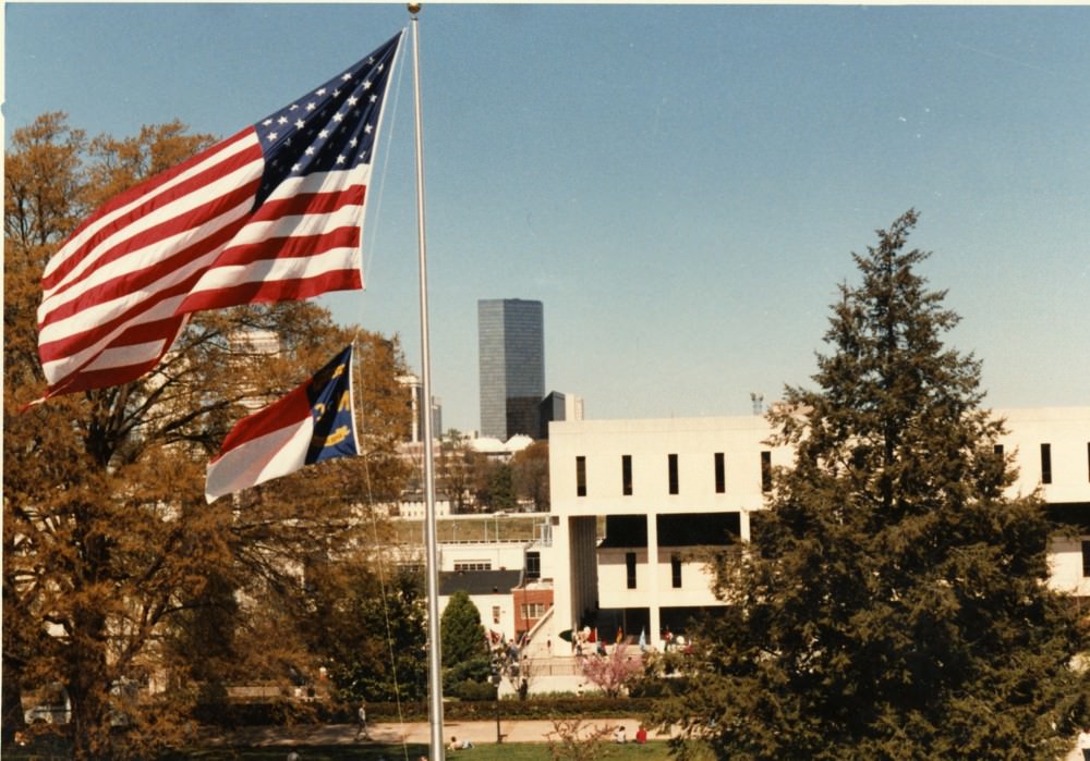 the Library (LRC), with view of uptown, taken from the quad, 1970s