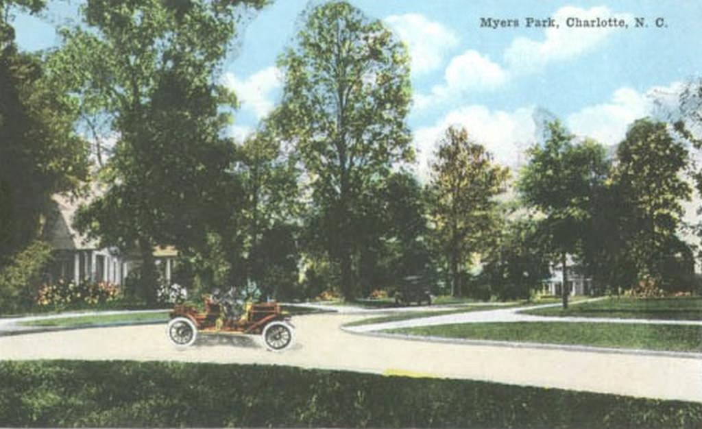 Couple driving through Myers Park, 1918