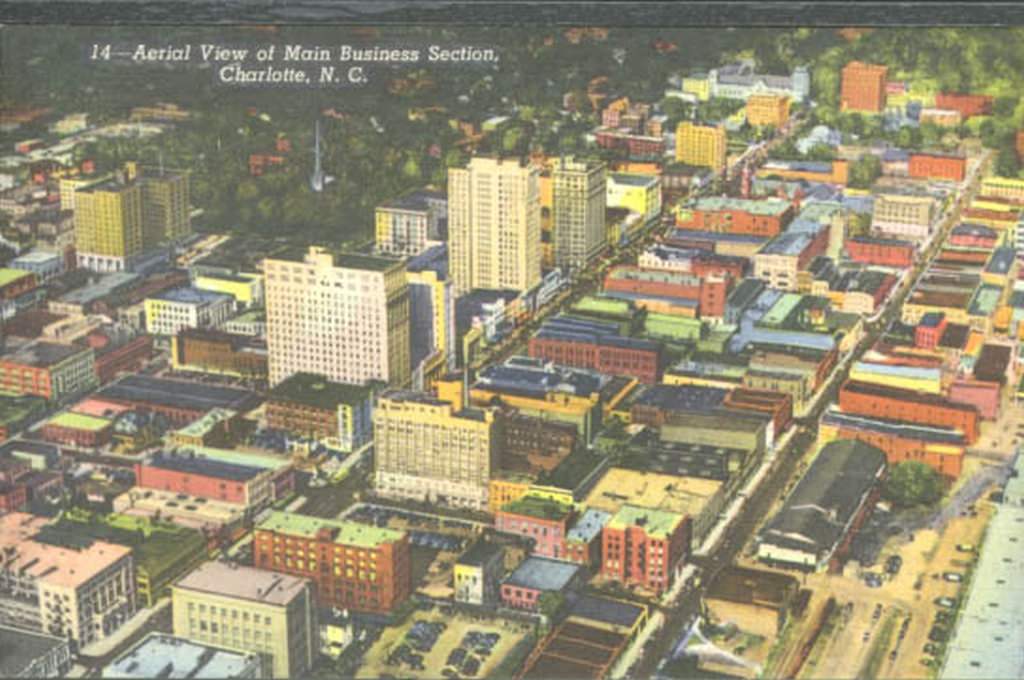 Aerial view of uptown Charlotte, 1950