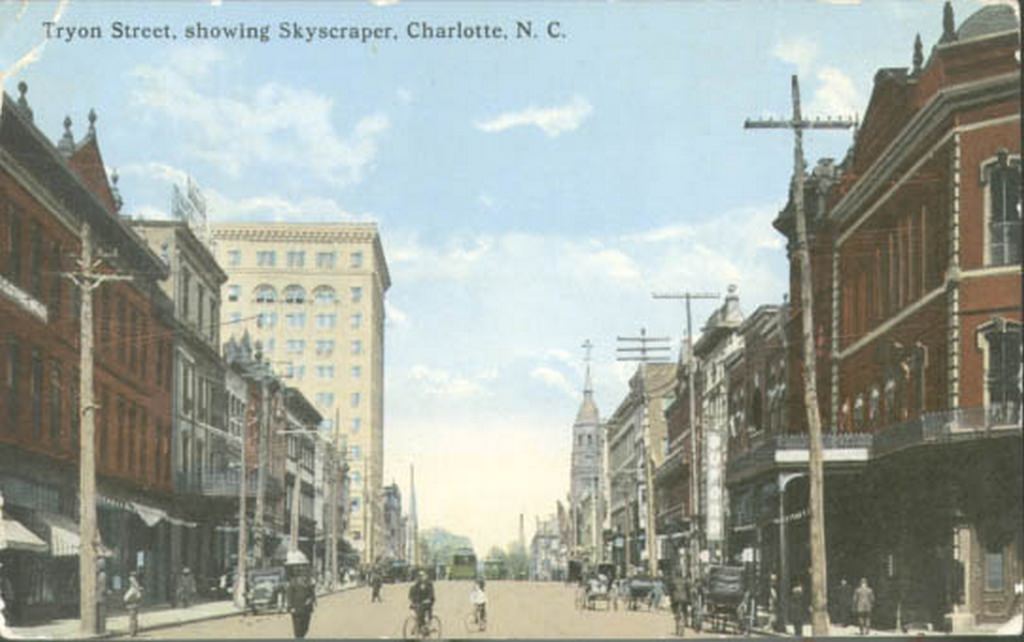 A view of Tryon Street with its new skyscraper, 1914