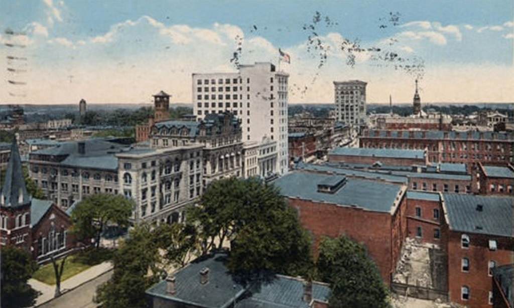 Aerial view of Charlotte's business section, 1910