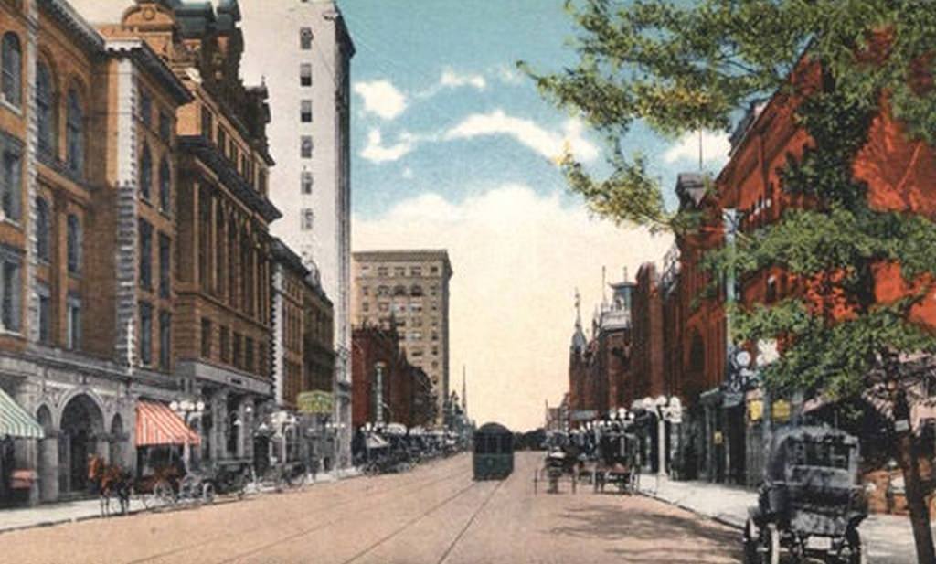 South Tryon Street with trolleys and horse and buggies, 1900