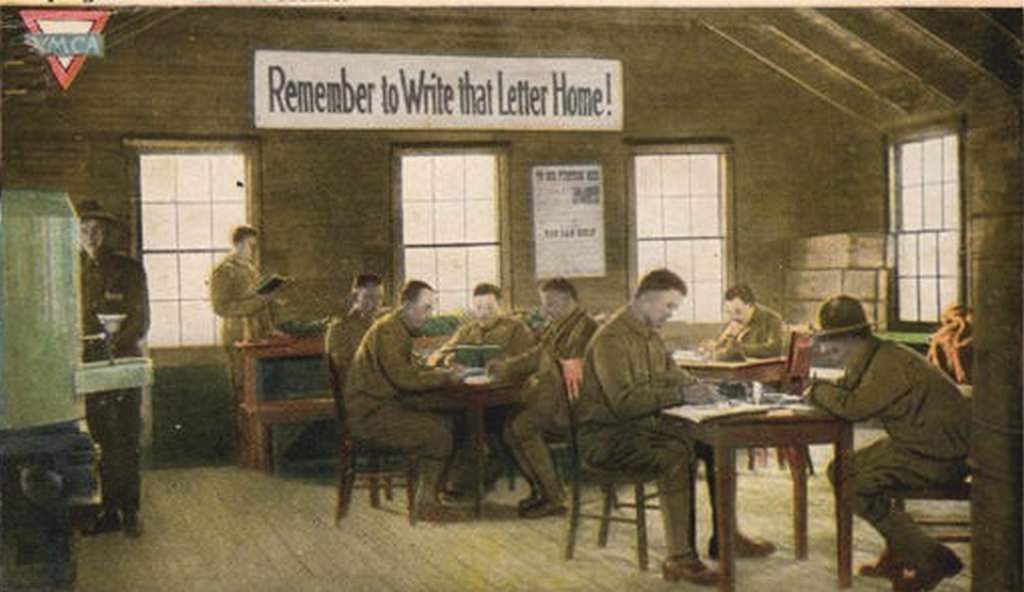 Soldiers writing home at Camp Greene, 1918