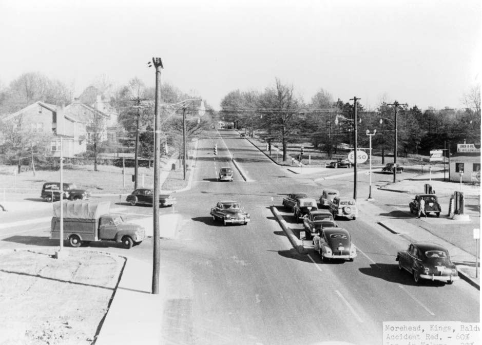 The intersection of Kings Drive, Morehead Street and Baldwin Avenue, 1955
