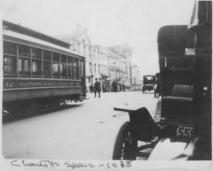 Street Railroad Car No.42 at the intersection of Trade and Tryon Streets, 1915