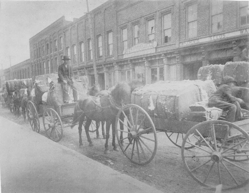 Farmers bringing their cotton crops to the town to sell, 1900