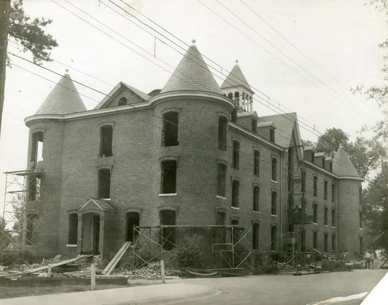 Carter Hall with empty windows and scaffolding, 1950s