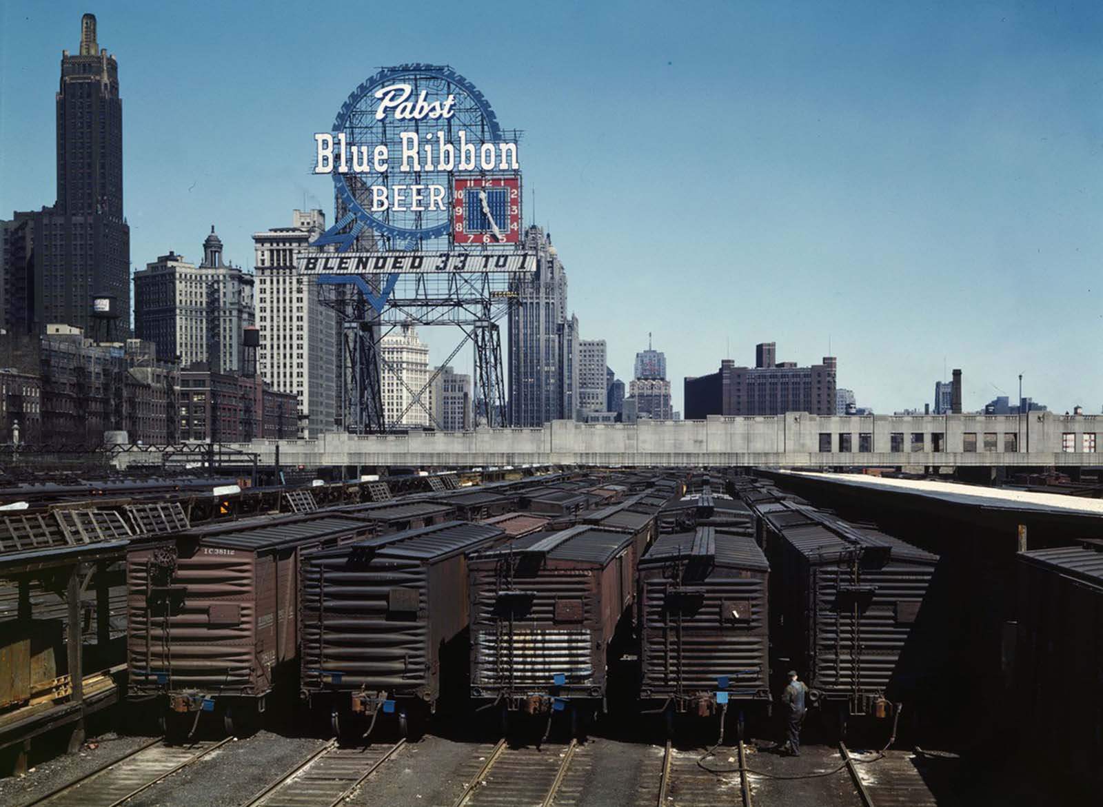A view of part of the South Water Street freight depot of the Illinois Central Railroad and buildings in downtown Chicago on May 1, 1943.