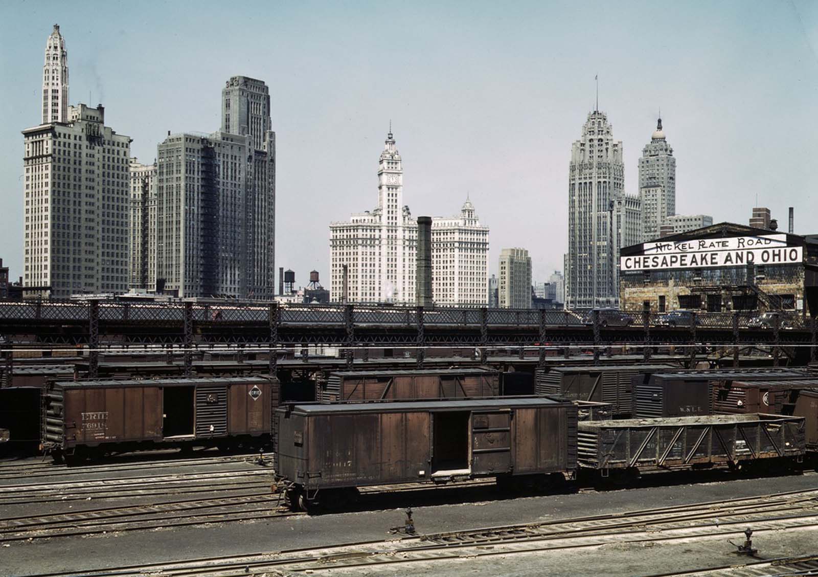 Illinois Central Railroad freight cars at the South Water Street freight terminal in Chicago in April 1943.