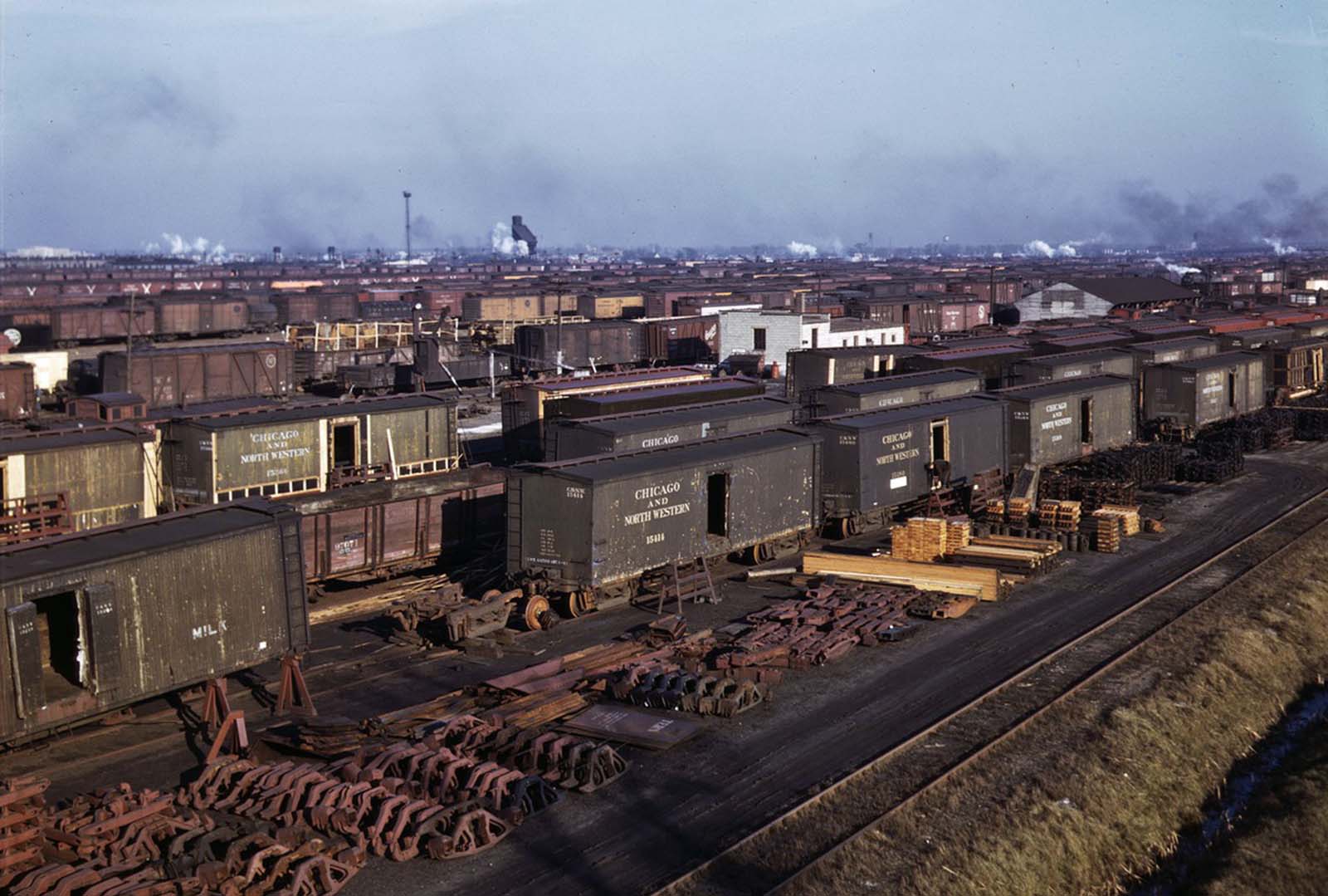 Freight cars are maneuvered in a Chicago and North Western Railroad yard in December 1942.