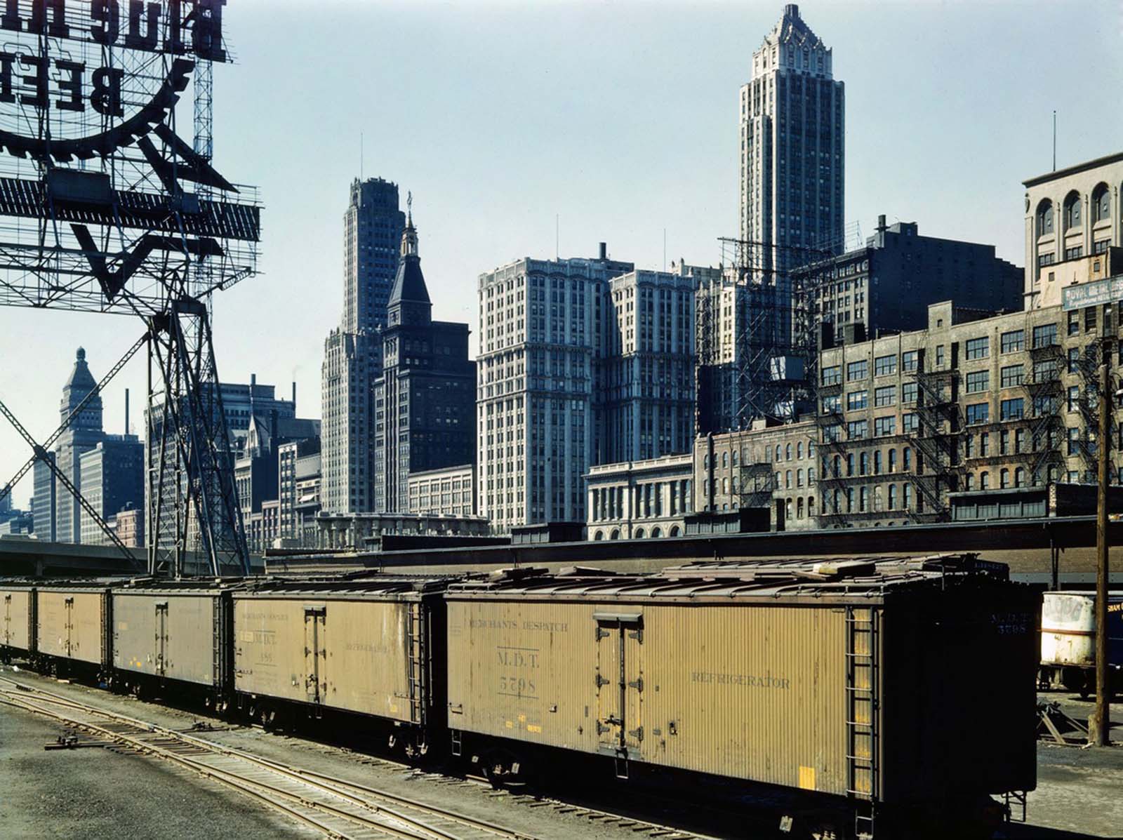 A view of part of the South Water Street Illinois Central Railroad freight terminal in April 1943.